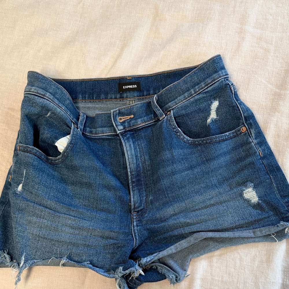 Express Women's Distressed Blue Jean Mom Shorts super high rise